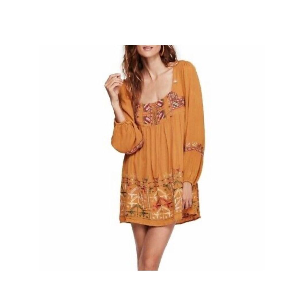 Free People Mustard Yellow Rhiannon Embroidered Square Neck gauzy Mini Dress S
